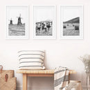 Farmhouse Black White Wall Art. Windmill, 3 Cows, Hay Bales by Wall Art Set