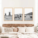 Farmhouse Black White Wall Art. Windmill, 3 Cows, Hay Bales by Wall Art Set