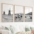 Farmhouse Black White Wall Art. Windmill, 3 Cows, Hay Bales by Wall Art Set