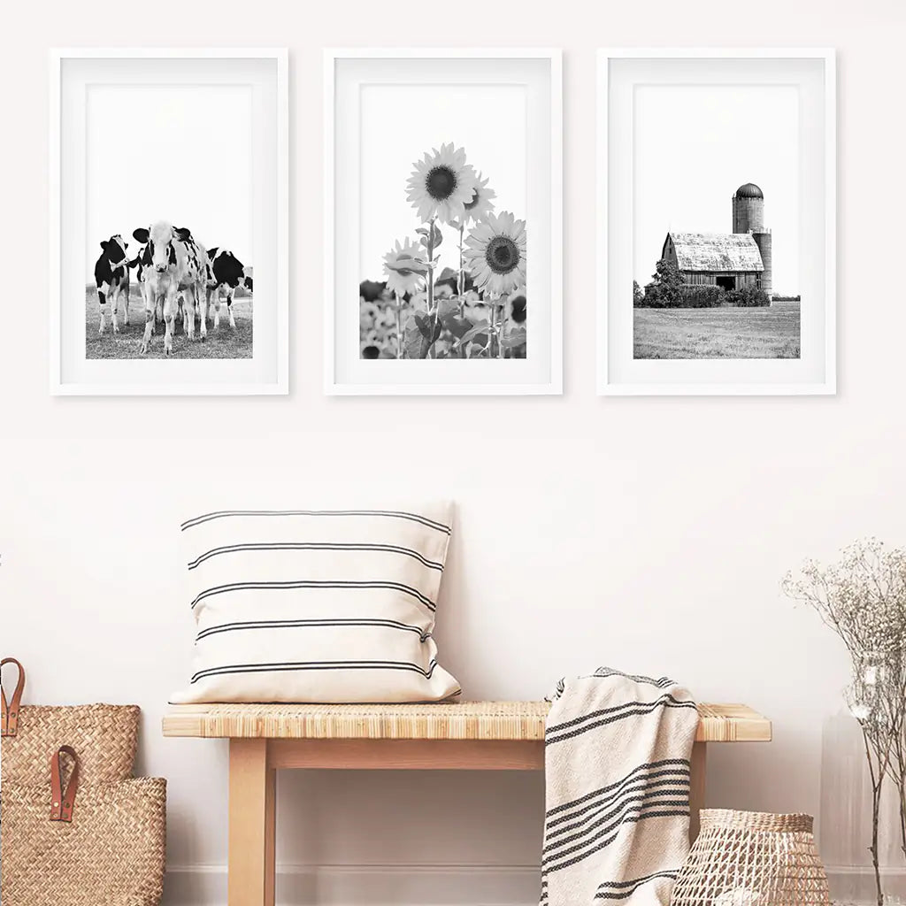 Rustic Black White Wall Art Set. Cows, Sunflowers, Old Barn, photo 3 of 13