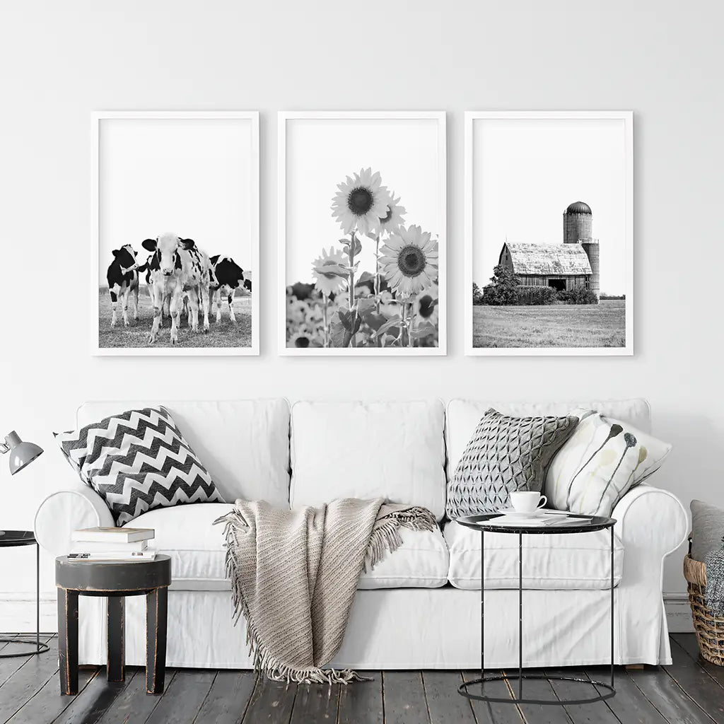 Rustic Black White Wall Art Set. Cows, Sunflowers, Old Barn, photo 6 of 13