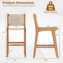 Set of 2 Outdoor Counter Height Bar Stool Woven Paper Rope Patio Barstool with Teak Wood Frame