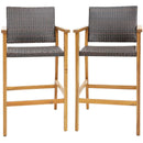 Set of 2 PE Wicker Patio Bar Chairs with Acacia Wood Armrests-Set of 2 by LJGDeals