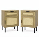 Rattan Nightstand Set of 2 with Drawer and Storage Cabinet