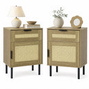 Rattan Nightstand Set of 2 with Drawer and Storage Cabinet