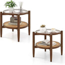 Round Rattan Side Table Set with Glass Top - Set of 2 by LJGDeals