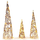 Set of 3 Lighted Rattan Cone Trees with LED Lights and Metal Frame by LJGDeals
