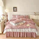 GobekUsa Lace Ruffles Bedding Set: 4pcs Solid Color Princess Quilt Cover, Bed Skirt, 100% Cotton Pillowcase
