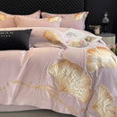 GobekUsa Gold Ginkgo Leaf Embroidery Bedding Set - 100% Cotton Luxury 4Pcs