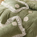 GobekUsa Luxe Carved Velvet Lace Ruffles Bedding Set with Quilted Bed Skirt