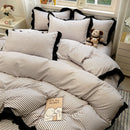 GobekUsa Korean Black White Hepburn Style Bedding Set with Lace Fitted Sheet Set