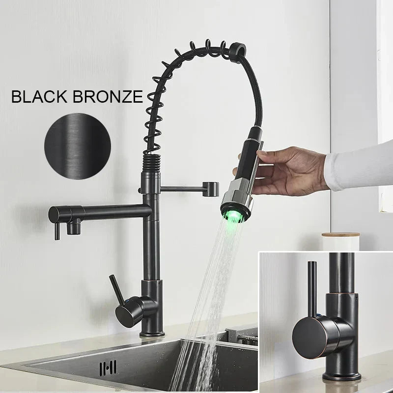GobekUsa LED Brushed Kitchen Faucet with Pull-Down Spring, Single Handle Swivel Spout, photo 13 of 13