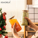 GobekUsa Christmas Themed Glass Beer Can Mug with Lid and Straw | Festive Xmas Tree and Elk Design
