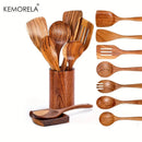 GobekUsa 9-Piece Wooden Cooking Utensils Set with Holder - Teak Kitchen Tools
