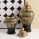 GobekUsa Black Ceramic Checkmate Ginger Jar Vase with Gold Rim