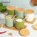 GobekUsa Japanese Retro Ceramic Seasoning Jar Set with Tray - 3-Piece Kitchen Organizer