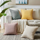 GobekUsa Beige Striped Cushion Cover with Pom Pom Detail Lumbar Throw Pillow Case