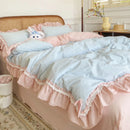 GobekUsa Blue Pink Lattice Bedding Set: Princess Ruffles Bow, 100% Cotton Quilt Cover, Sheet, Pillowcases