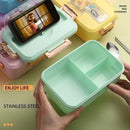 GobekUsa Kids Cartoon Bento Lunch Box with Fork Spoon, Heated 3 Grid Sandwich Snack Box