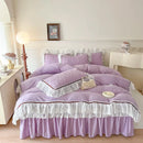 GobekUsa Lace Ruffles Bedding Set: 4pcs Solid Color Princess Quilt Cover, Bed Skirt, 100% Cotton Pillowcase