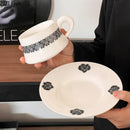 GobekUsa Black Flower Porcelain Cup & Saucer Set, Elegant Coffee Mug for Dining & Afternoon Tea