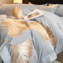GobekUsa Gold Ginkgo Leaf Embroidery Bedding Set - 100% Cotton Luxury 4Pcs