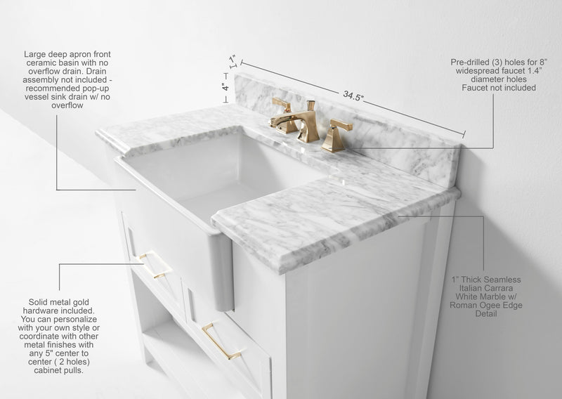 Hayley Bathroom Vanity with Sink and Carrara White Marble Top Cabinet Set