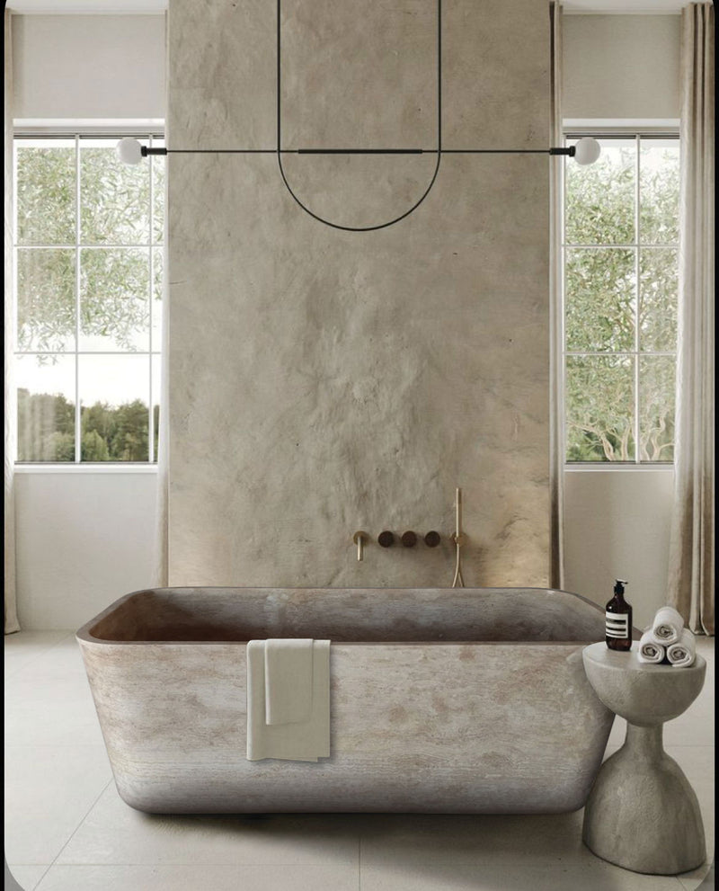 Travertine Hand-Carved Natural Stone Bathtub Silver Beige 32x60, installed in a room