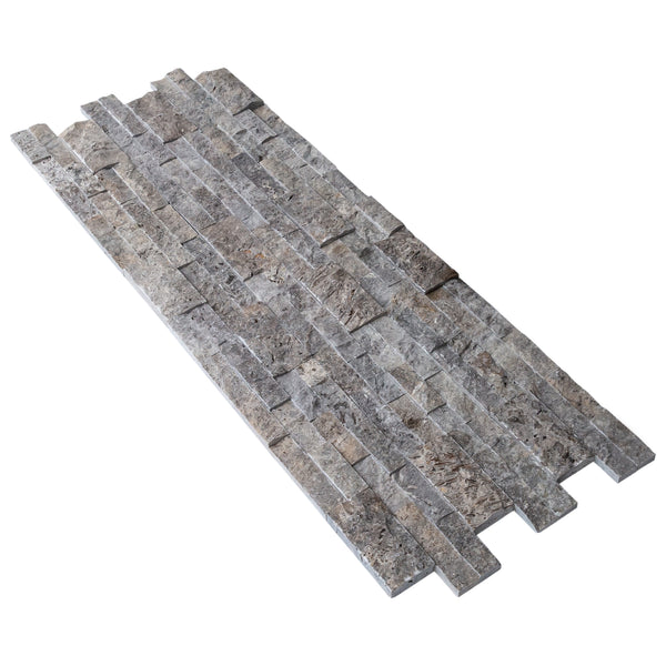 Silver Ledger 3D Panel 6"x24" Natural Travertine Wall Tile, angled view