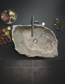 Hand Chiseled Travertine Vessel Sink 16x26 Gray For Bathroom