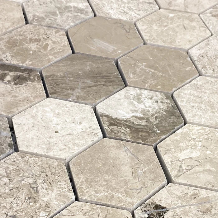Silver Shadow Marble 2" Hexagon on 12" x 12" Mesh Mosaic Tile