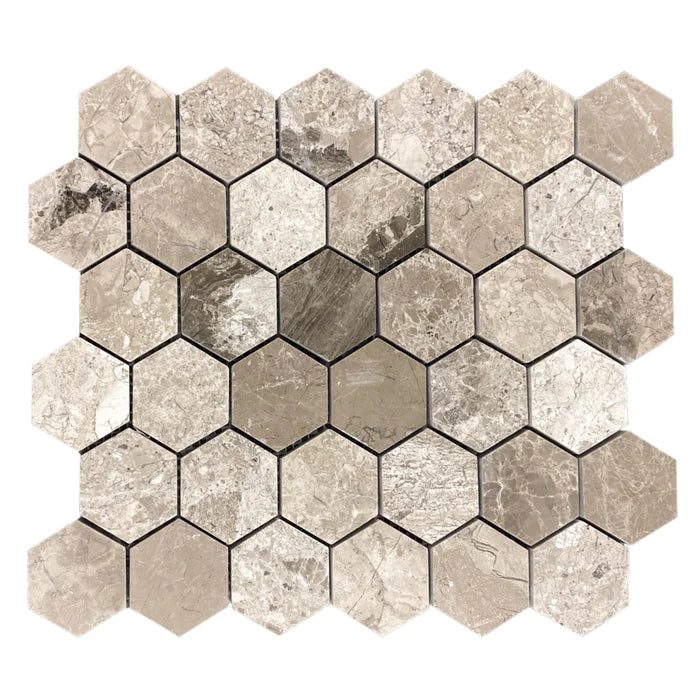 Silver Shadow Marble 2" Hexagon on 12" x 12" Mesh Mosaic Tile