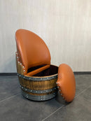 Whiskey & Wine Barrel Lounge Chair — Hidden Storage, Memory Foam, Rustic Brown Upholstery