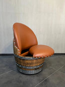 Whiskey & Wine Barrel Lounge Chair — Hidden Storage, Memory Foam, Rustic Brown Upholstery