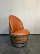 Whiskey & Wine Barrel Lounge Chair — Hidden Storage, Memory Foam, Rustic Brown Upholstery