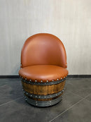 Whiskey & Wine Barrel Lounge Chair — Hidden Storage, Memory Foam, Rustic Brown Upholstery