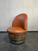 Whiskey & Wine Barrel Lounge Chair — Hidden Storage, Memory Foam, Rustic Brown Upholstery