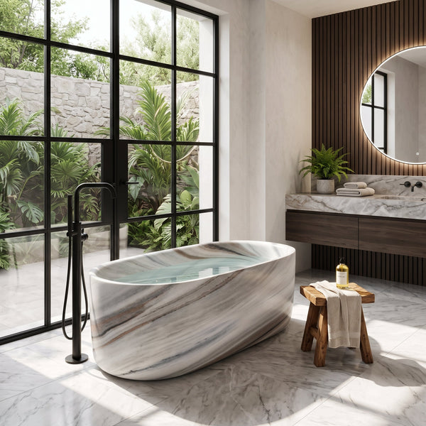 Skyline White Marble Hand Carved Freestanding Bathtub 34x79 Honed