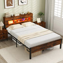 Slatted Full Bed Frame with LED Lights and Storage Headboard No Box Spring Needed-Full Size by LJGDeals