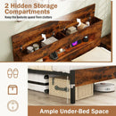 Slatted Full Bed Frame with LED Lights and Storage Headboard No Box Spring Needed-Full Size by LJGDeals