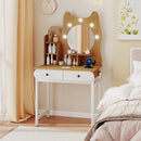 Small Vanity Desk with Mirror and Lights Cute Kitty Makeup Table with Power Outlets-Natural by LJGDeals