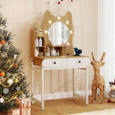 Small Vanity Desk with Mirror and Lights Cute Kitty Makeup Table with Power Outlets-Natural by LJGDeals