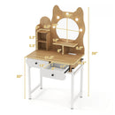 Small Vanity Desk with Mirror and Lights Cute Kitty Makeup Table with Power Outlets-Natural by LJGDeals