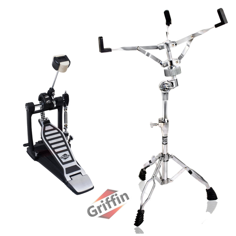 2-Pack Kick Bass Drum Pedal & Snare Drum Stand Set by GRIFFIN | Deluxe Double-Chain Foot Pedal with 4-Sided Beater & Adjustable Power Cam | Durable Percussion Hardware for Intense Play