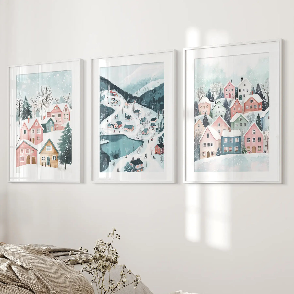 Christmas Village Cute Winter Landscape Posters, installed in a room