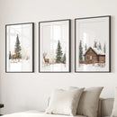 Deer and Cabin Winter 3 Piece Wall Art. Rustic Nordic Prints by Wall Art Set
