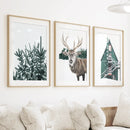 Rustic Christmas Wall Art Set. Trees, Deer, Green Log Cabin by Wall Art Set