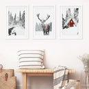 Christmas Mood Wall Art Prints. Red Log Cabin, Deer by Wall Art Set