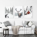 Christmas Mood Wall Art Prints. Red Log Cabin, Deer by Wall Art Set