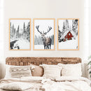 Christmas Mood Wall Art Prints. Red Log Cabin, Deer by Wall Art Set